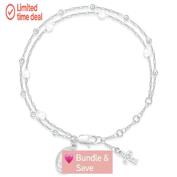 14K Gold Plated Double Layer Pearl Rosary Bracelet with Virgin Mary Charm - Picture 2 of 8